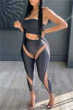 Schwarze Mode Sexy Solide Patchwork Durchsichtige Rückenfreie Trägerlose Ärmellose Zweiteiler