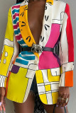 Capispalla con colletto risvoltato patchwork con stampa casual gialla alla moda (senza cintura)