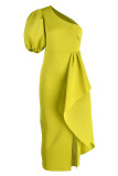 フルーツグリーンのセレブリティエレガントなソリッドパッチワークフラウンス非対称斜めカラーイブニングドレスドレス