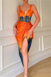 Orangefarbenes, modisches, sexy bedrucktes, rückenfreies, gefaltetes Sling-Kleid mit V-Ausschnitt und Patchwork