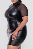 ブラック セクシー ソリッド パッチワーク ハーフ タートルネック ワンステップ スカート プラスサイズ ドレス