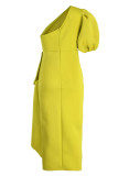 Fruchtgrüne Promis Elegant Solid Patchwork Volant Asymmetrisch Schrägkragen Abendkleid Kleider