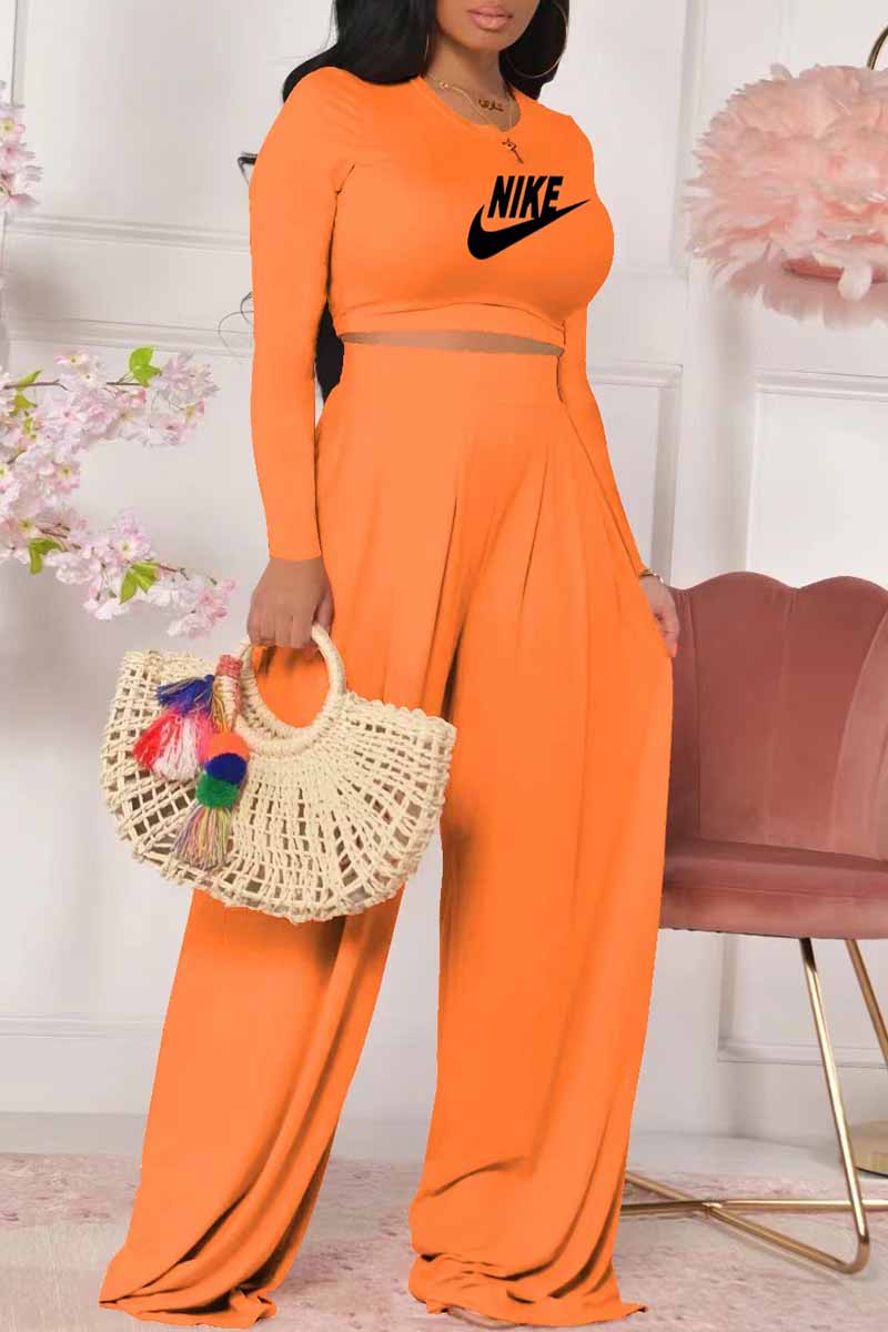 

Orange Fashion Casual Print Letter O Neck Long Sleeve Two Pieces