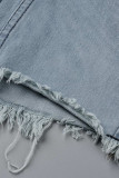Jaqueta jeans de cor clara moda casual sólida rasgada patchwork manga longa manga longa regular