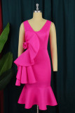 Розово-красное модное повседневное сплошное лоскутное платье с V-образным вырезом без рукавов