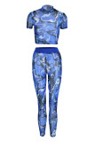 Dos piezas de manga corta con cuello en O transparente de patchwork con estampado casual de moda azul