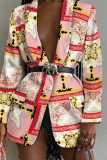 Vêtements d'extérieur à col rabattu en patchwork à imprimé décontracté à la mode rose rouge (sans ceinture)