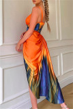 Orange Fashion Sexy Print Patchwork Backless Fold V Neck Sling Dress