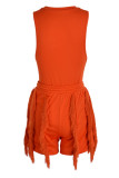 オレンジファッションカジュアルソリッドタッセルパッチワークOネックノースリーブツーピース