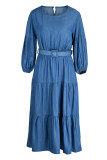 ブルーファッションカジュアルソリッドパッチワークOネックドレス