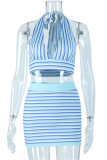 Blue Fashion Sexy Striped Print Bandage Backless Halter Sleeveless Two Pieces