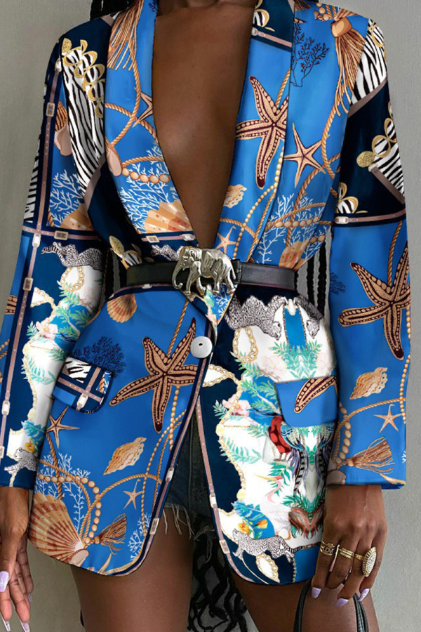 Blå Svart Mode Casual Print Patchwork Ytterkläder med bakkrage (utan bälte)