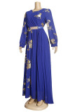 Blue Fashion Casual Print Patchwork O Neck Long Sleeve Plus Size Dresses