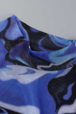 Синий Мода Повседневная Печать Пэчворк Прозрачный О-образный вырез С коротким рукавом Из двух частей