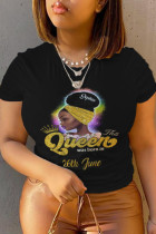 Camisetas con cuello en O y letras estampadas vintage de moda negras