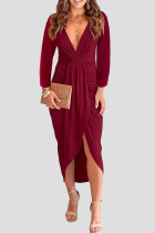 Burgundy Fashion Casual Solid Patchwork Long Sleeve Dresses