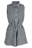 Pink Casual Striped Print Patchwork Buckle Turndown Collar Straight Rompers