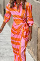 オレンジ ピンク カジュアル プリント バンデージ パッチワーク ターンダウン カラー ロング スリーブ ドレス