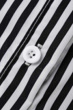 Black Casual Striped Print Patchwork Buckle Turndown Collar Straight Rompers