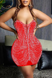 Red Fashion Sexy Patchwork Hot Drilling Backless Spaghetti Strap Ärmelloses Kleid