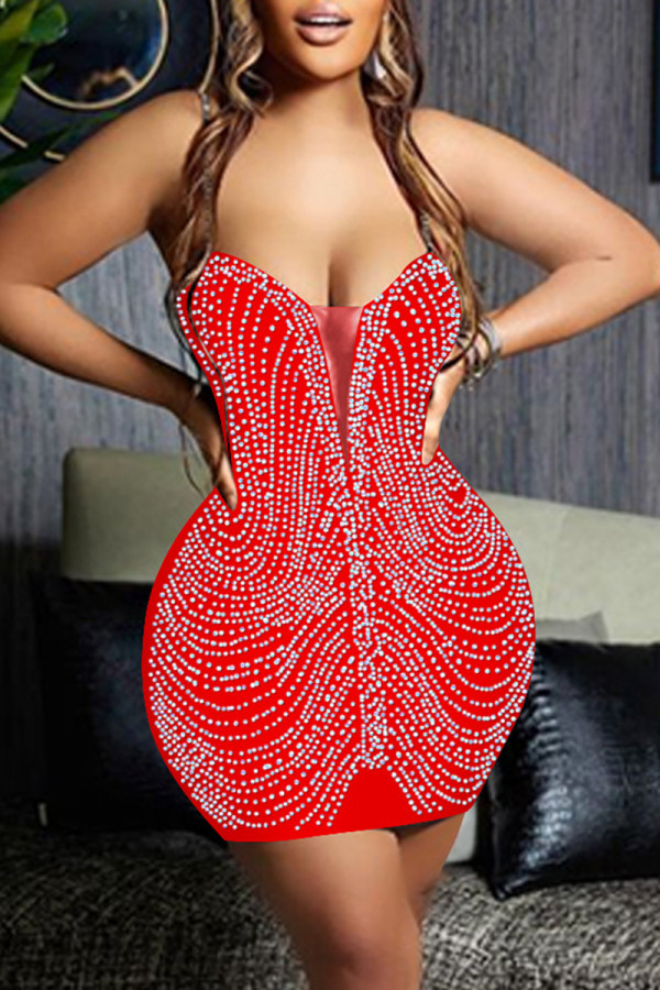 Vestido vermelho moda sexy patchwork furação quente sem costas alça de espaguete sem manga