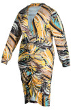 Multicolor Mode Casual Print Patchwork V-hals Lange mouw Grote maten jurken
