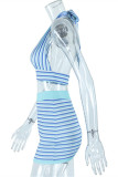 Blue Fashion Sexy Striped Print Bandage Dos Nu Halter Sans Manches Deux Pièces