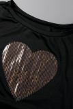T-shirts à col rond en patchwork bronzant à imprimé décontracté noir doré