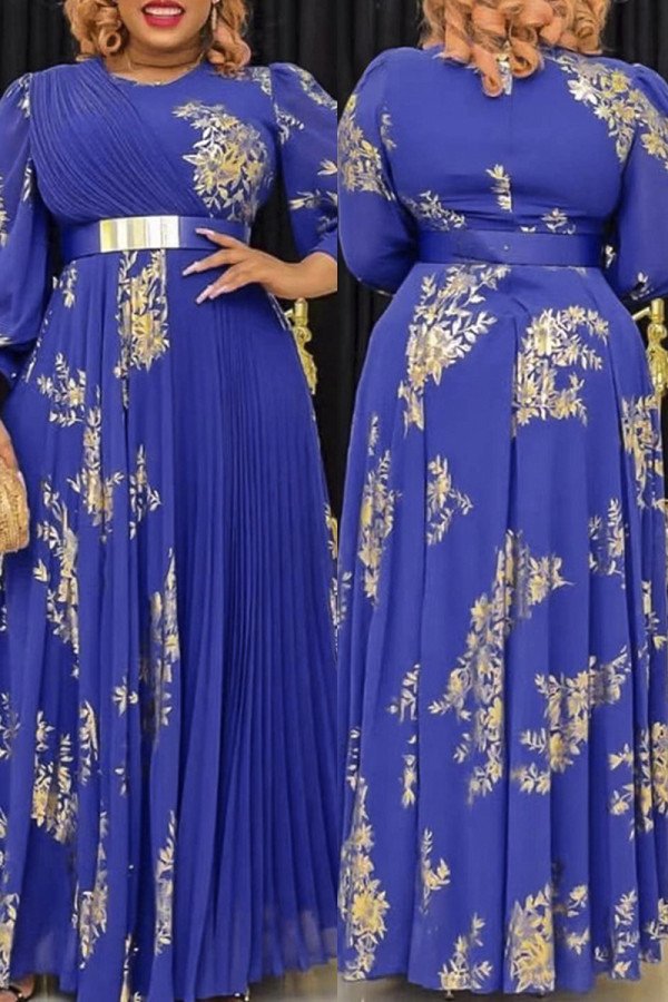 Blauwe mode casual print patchwork O-hals lange mouwen plus size jurken