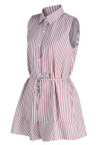 Pink Casual Striped Print Patchwork Buckle Turndown Collar Straight Rompers
