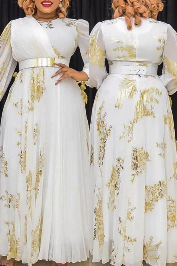 Белые модные повседневные платья больших размеров с принтом в стиле пэчворк и круглым вырезом с длинным рукавом