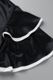 チベットブルーファッションカジュアルプリントパッチワークVネックワンステップスカートドレス