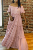 Roze mode casual effen patchwork off-shoulder lange jurk
