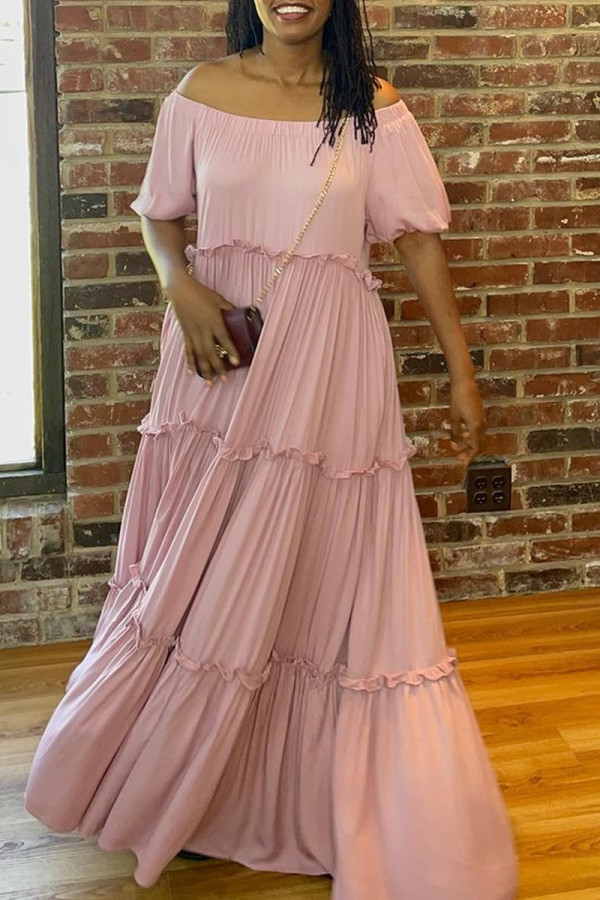 Roze mode casual effen patchwork off-shoulder lange jurk