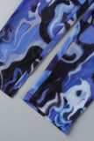 Dos piezas de manga corta con cuello en O transparente de patchwork con estampado casual de moda azul