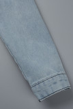 Veste en jean régulière à manches longues avec col rabattu et patchwork déchiré à la mode de couleur claire
