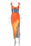 オレンジ ファッション セクシー プリント パッチワーク バックレス フォールド V ネック スリング ドレス