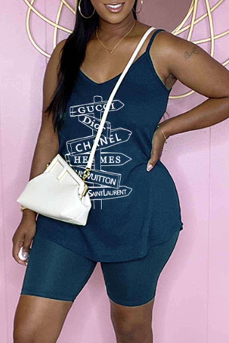 

Blue Fashion Casual Print Letter Spaghetti Strap Sleeveless Two Pieces