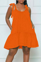 オレンジ カジュアル ソリッド 包帯 パッチワーク スパゲッティ ストラップ Aライン ドレス
