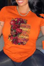 Orangefarbene, lässig bedruckte Patchwork-T-Shirts mit O-Ausschnitt und Buchstaben