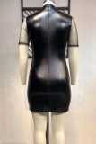 ブラック セクシー ソリッド パッチワーク ハーフ タートルネック ワンステップ スカート プラスサイズ ドレス