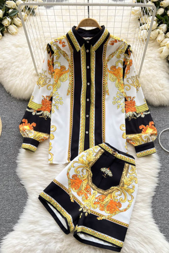 Yellow Fashion Casual Print Patchwork Turndown Collar Long Sleeve Two Pieces
