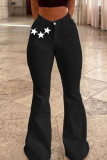 Zwarte casual jeans met patchwork en hoge taille met straatprint