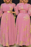Pink Fashion Casual Print Patchwork O-Ausschnitt Langarm Kleider in Übergröße
