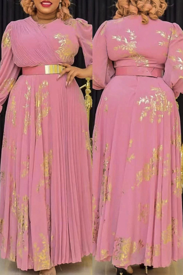 Robes de grande taille à manches longues et col rond, imprimé décontracté, mode rose