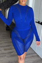 Синий модный сексуальный однотонный пэчворк прозрачный с круглым вырезом и длинным рукавом из двух частей