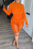 Arancio moda sexy solido patchwork trasparente O collo manica lunga due pezzi