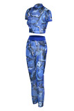 Blue Fashion Casual Print Patchwork See-through O Neck Short Sleeve Two Pieces