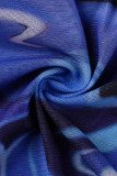 ブルーファッションカジュアルプリントパッチワークシースルーOネック半袖ツーピース