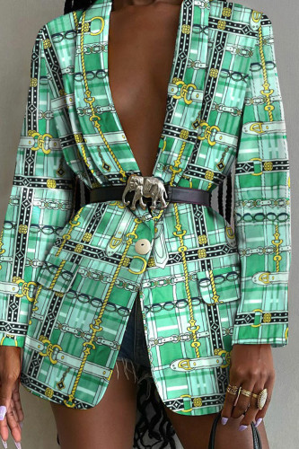 Green Fashion Casual Print Patchwork Turn-back Collar Outerwear (Without Belt)